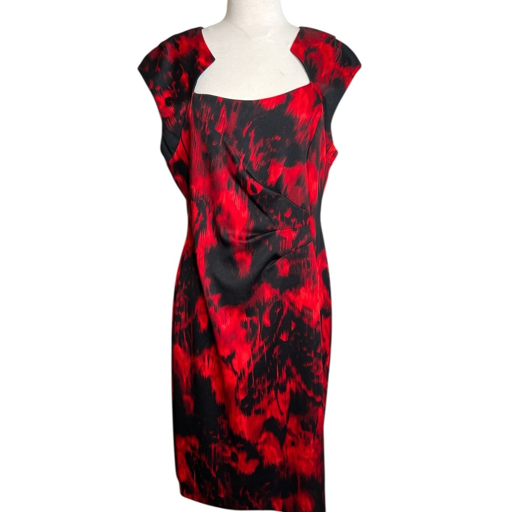 Connected Apparel Red & Black Abstract Sheath Dress with Cap Sleeves